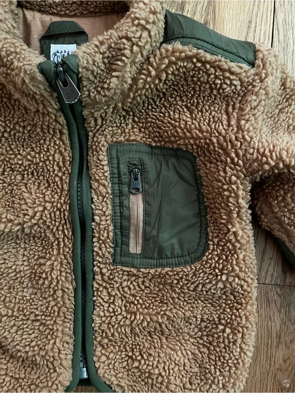 GAP Baby Sherpa Jacket in Camel with Olive Accents 12-18 months